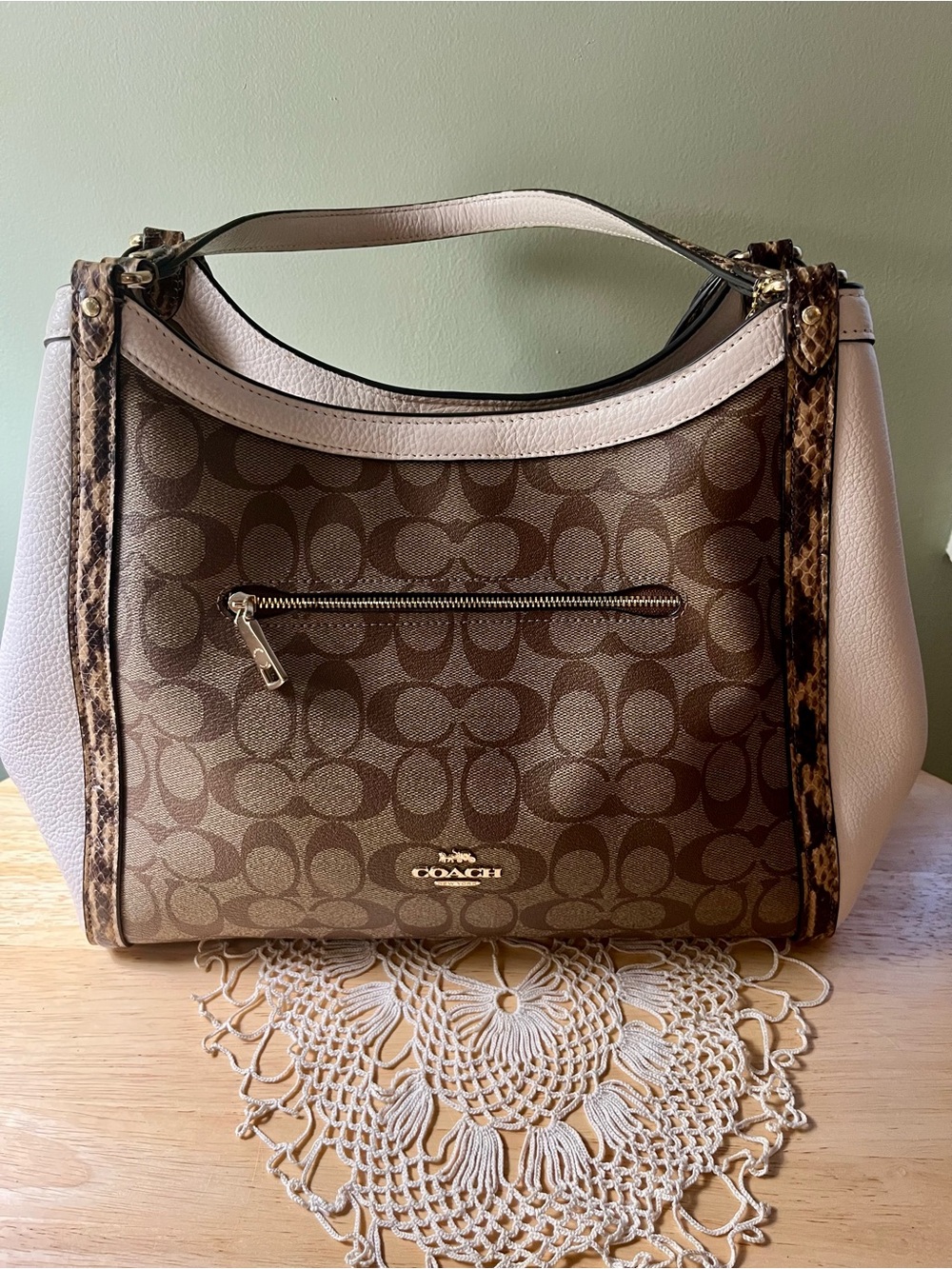 Coach Brown Signature Canvas Shoulder Bag with Cream Trim